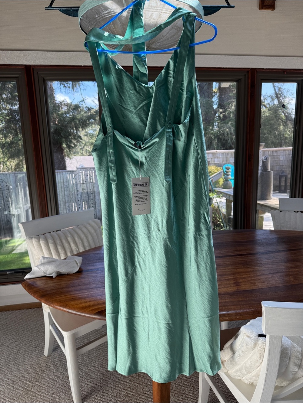 Wildfang Teal-Green Satin Dress with Neck “scarf” or belt
